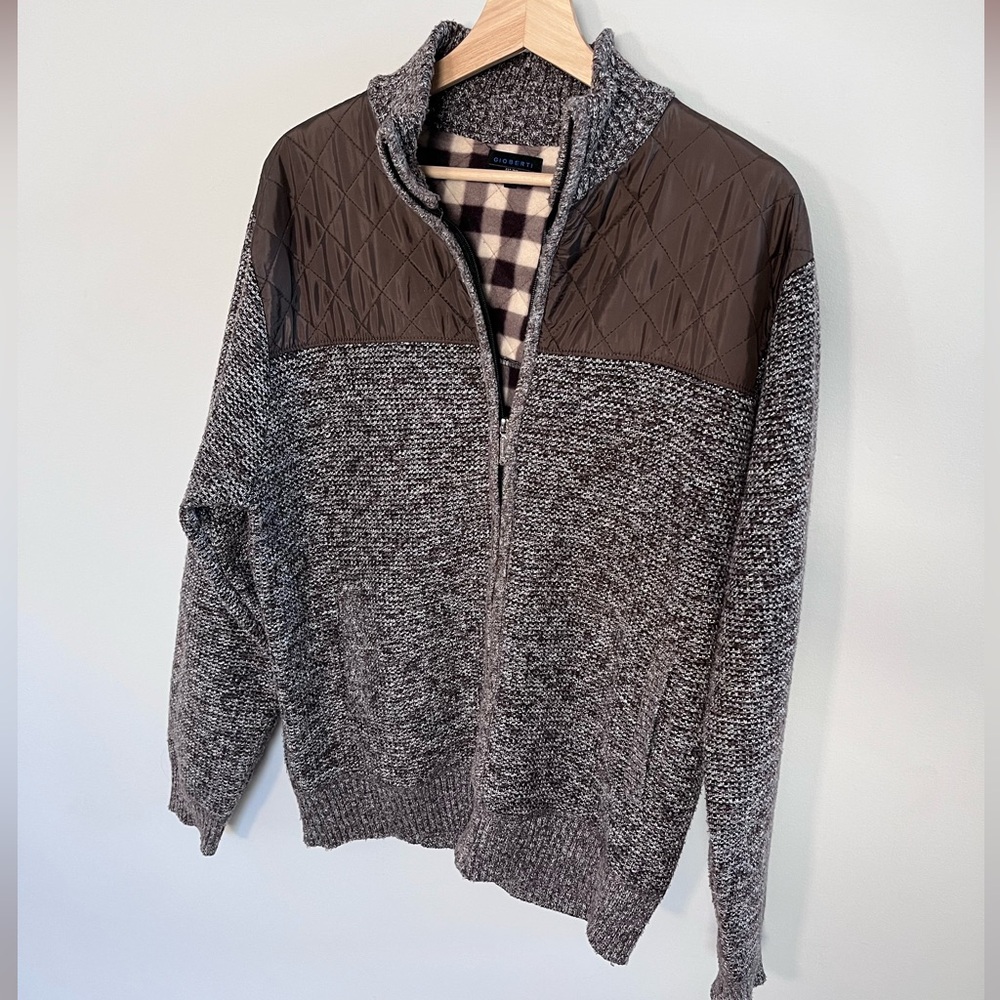 Gioberti‎ Men's Gray Full Zip Sweater Quilted Yoke – Marled Knit Layer-Matching